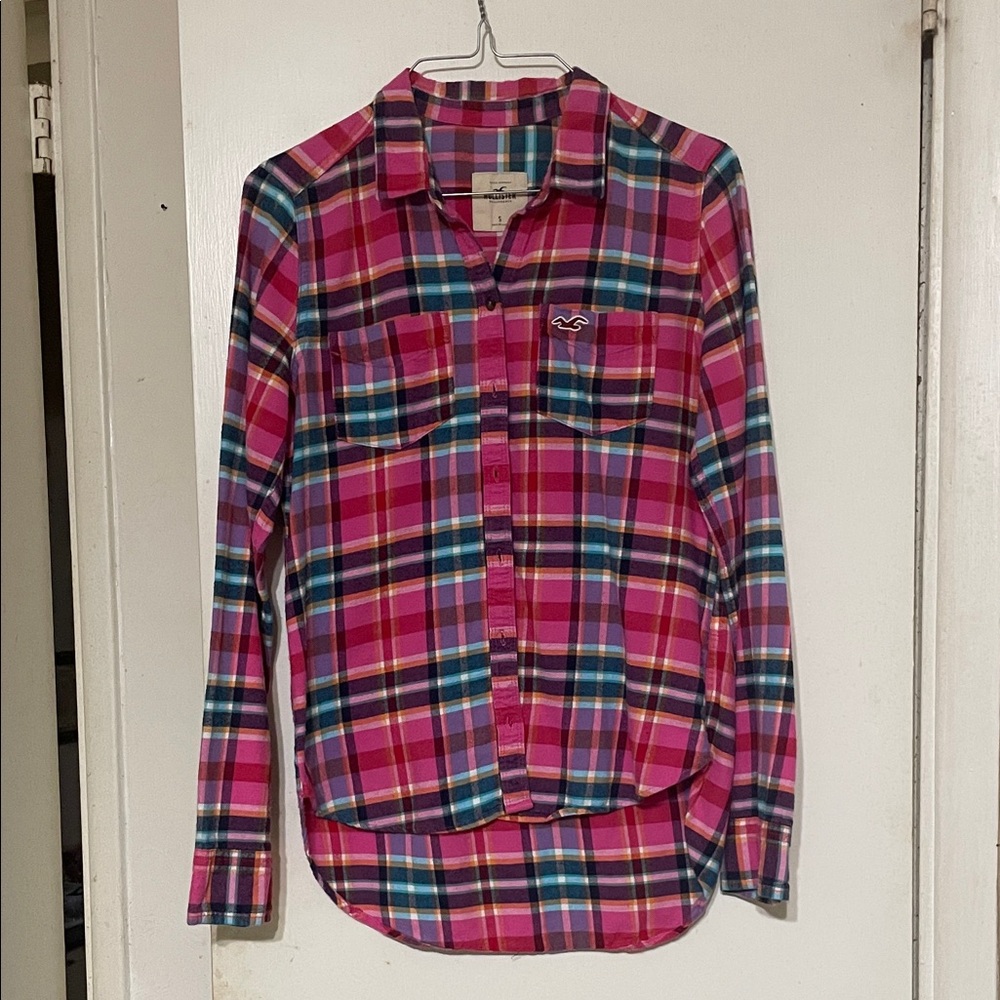 Hollister Pink and Blue Plaid Shirt